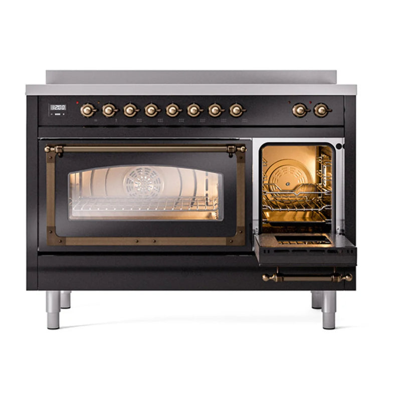 ILVE Nostalgie II Noblesse 48" Induction Freestanding Range in Glossy Black with Burnished Trim, UNI486NMPBKB