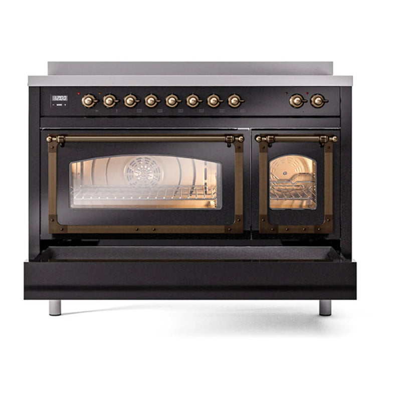 ILVE Nostalgie II Noblesse 48" Induction Freestanding Range in Glossy Black with Burnished Trim, UNI486NMPBKB