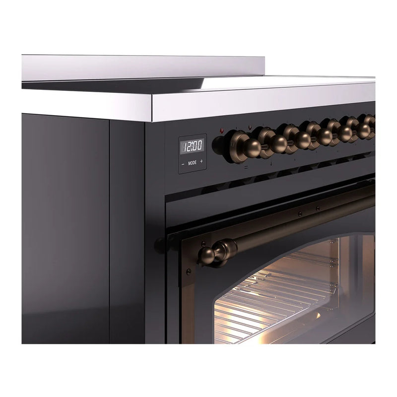 ILVE Nostalgie II Noblesse 48" Induction Freestanding Range in Glossy Black with Burnished Trim, UNI486NMPBKB