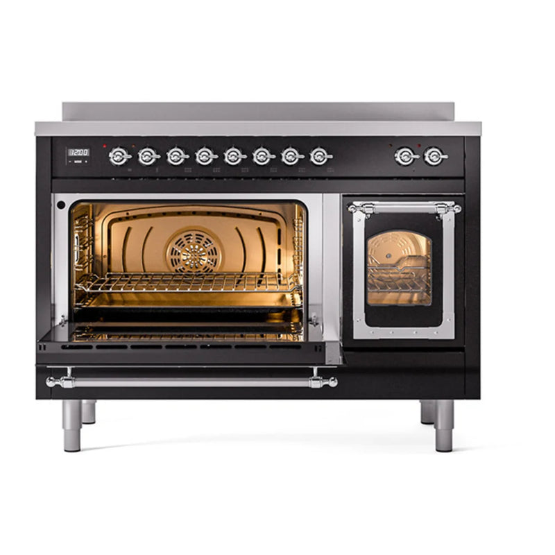 ILVE Nostalgie II Noblesse 48" Induction Freestanding Range in Glossy Black with Chrome Trim, UNI486NMPBKC