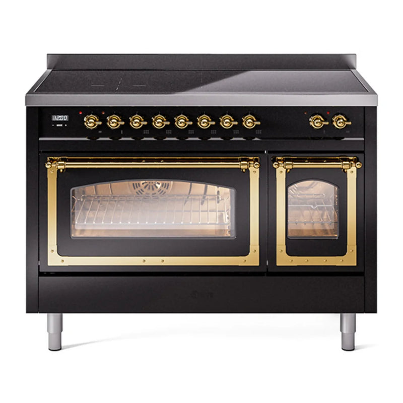 ILVE Nostalgie II Noblesse 48" Induction Freestanding Range in Glossy Black with Brass Trim, UNI486NMPBKG