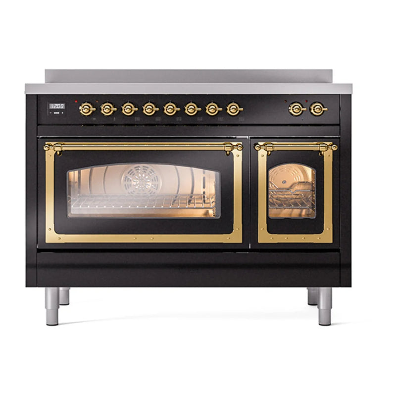 ILVE Nostalgie II Noblesse 48" Induction Freestanding Range in Glossy Black with Brass Trim, UNI486NMPBKG