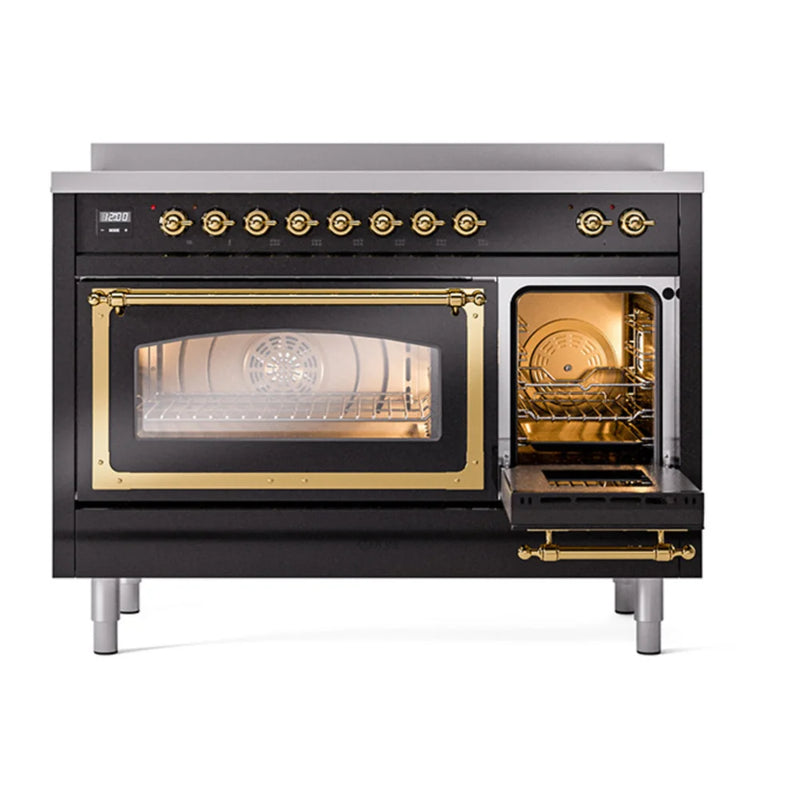 ILVE Nostalgie II Noblesse 48" Induction Freestanding Range in Glossy Black with Brass Trim, UNI486NMPBKG