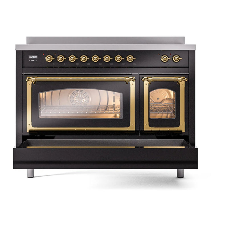 ILVE Nostalgie II Noblesse 48" Induction Freestanding Range in Glossy Black with Brass Trim, UNI486NMPBKG