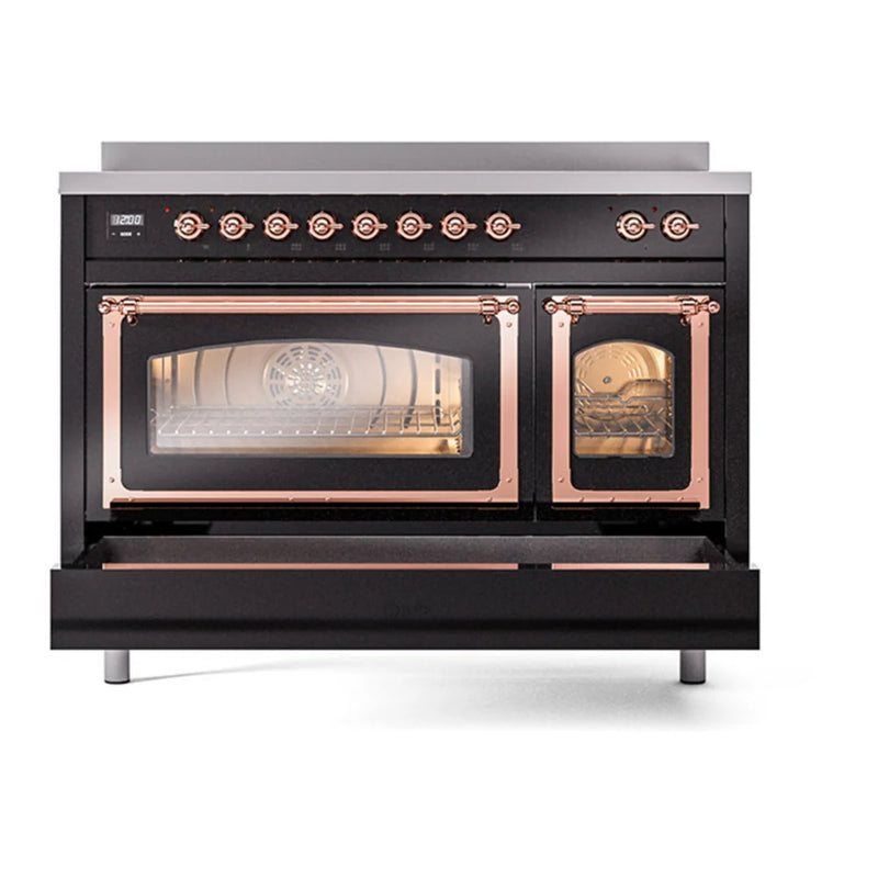 ILVE Nostalgie II Noblesse 48" Induction Freestanding Range in Glossy Black with Copper Trim, UNI486NMPBKP