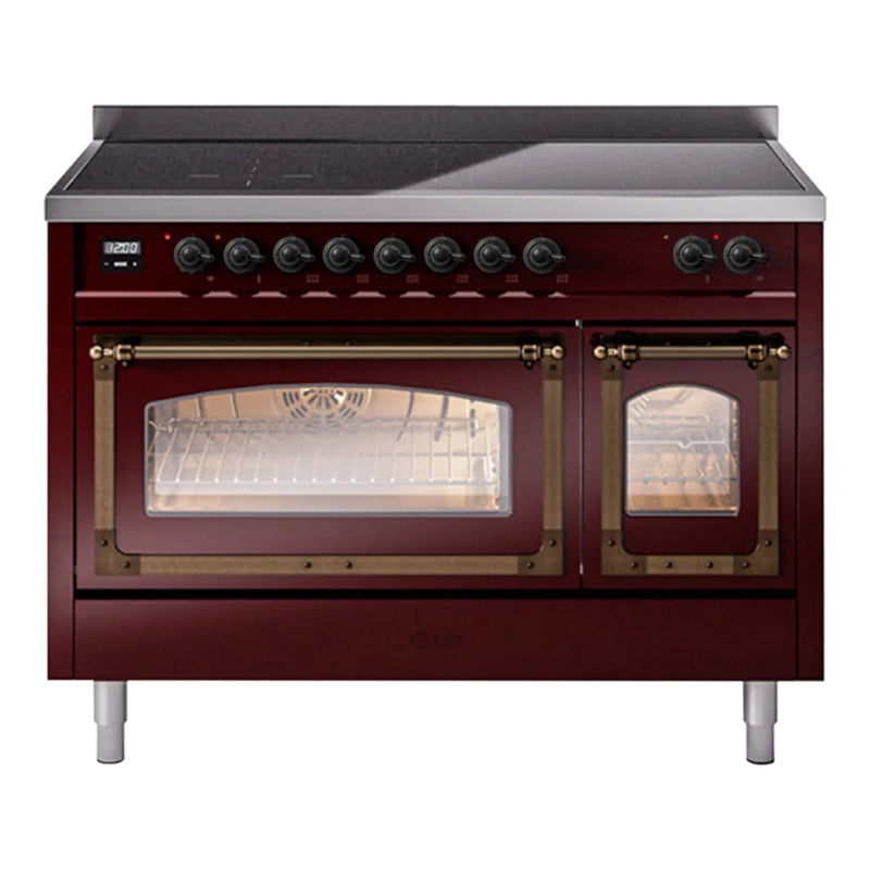 ILVE Nostalgie II Noblesse 48" Induction Freestanding Range in Burgundy with Burnished Trim, UNI486NMPBUB