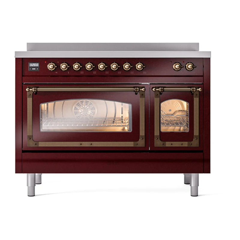 ILVE Nostalgie II Noblesse 48" Induction Freestanding Range in Burgundy with Burnished Trim, UNI486NMPBUB