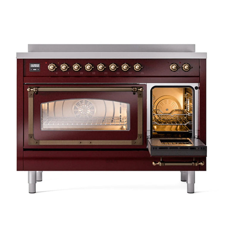 ILVE Nostalgie II Noblesse 48" Induction Freestanding Range in Burgundy with Burnished Trim, UNI486NMPBUB
