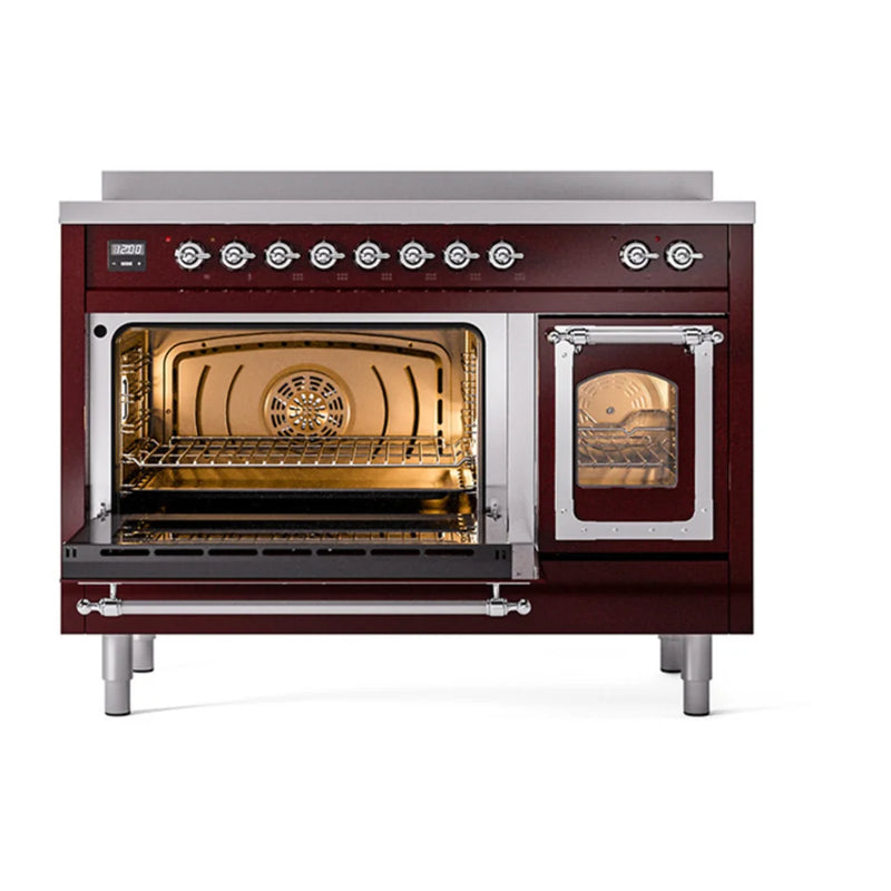 ILVE Nostalgie II Noblesse 48" Induction Freestanding Range in Burgundy with Chrome Trim, UNI486NMPBUC