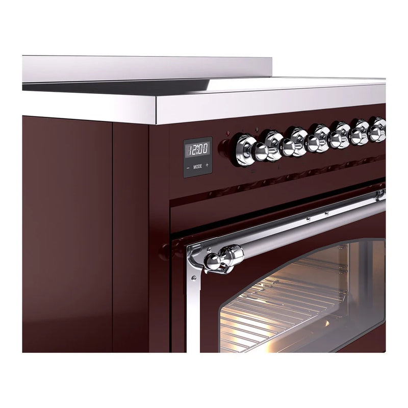 ILVE Nostalgie II Noblesse 48" Induction Freestanding Range in Burgundy with Chrome Trim, UNI486NMPBUC