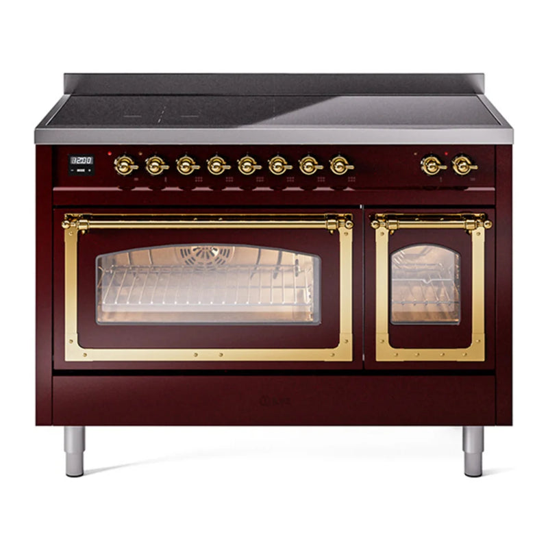 ILVE Nostalgie II Noblesse 48" Induction Freestanding Range in Burgundy with Brass Trim, UNI486NMPBUG