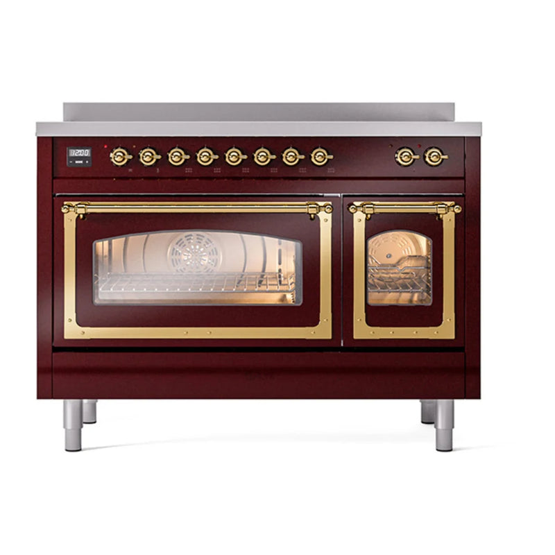 ILVE Nostalgie II Noblesse 48" Induction Freestanding Range in Burgundy with Brass Trim, UNI486NMPBUG