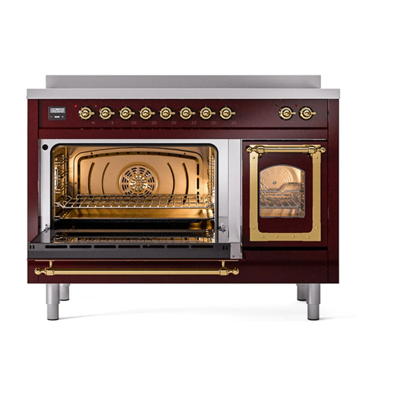 ILVE Nostalgie II Noblesse 48" Induction Freestanding Range in Burgundy with Brass Trim, UNI486NMPBUG