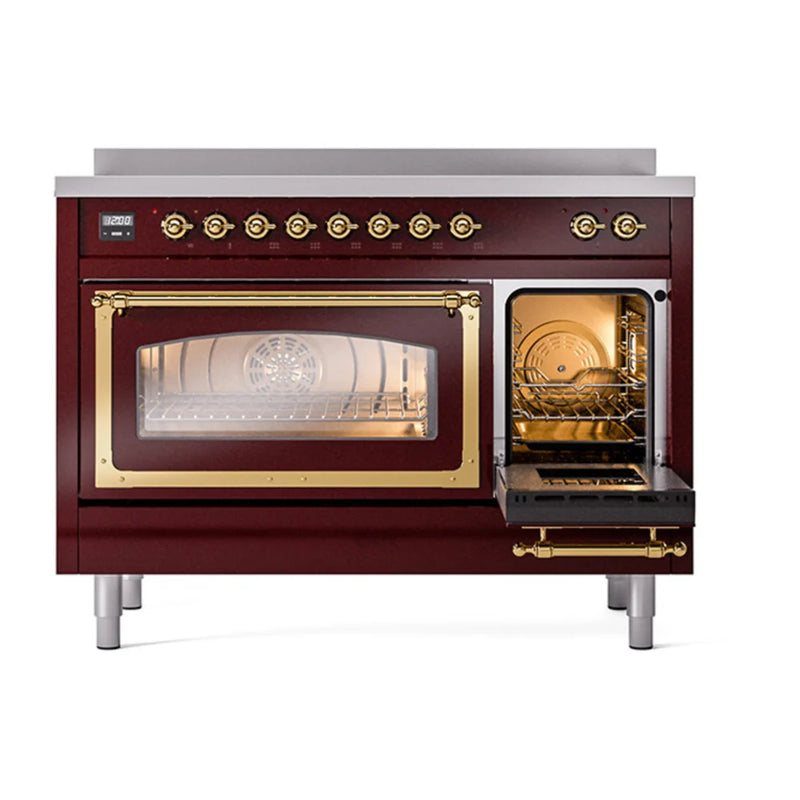 ILVE Nostalgie II Noblesse 48" Induction Freestanding Range in Burgundy with Brass Trim, UNI486NMPBUG