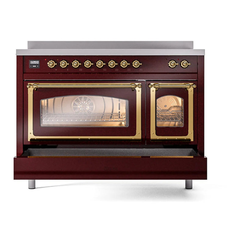 ILVE Nostalgie II Noblesse 48" Induction Freestanding Range in Burgundy with Brass Trim, UNI486NMPBUG