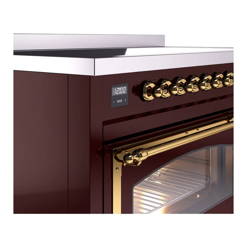 ILVE Nostalgie II Noblesse 48" Induction Freestanding Range in Burgundy with Brass Trim, UNI486NMPBUG