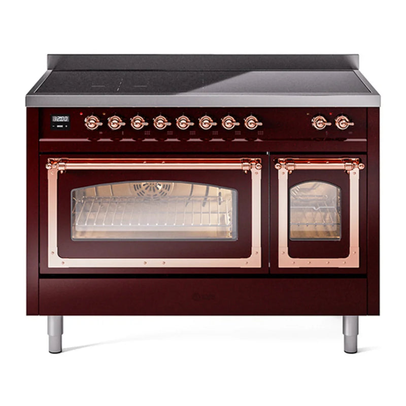ILVE Nostalgie II Noblesse 48" Induction Freestanding Range in Burgundy with Copper Trim, UNI486NMPBUP