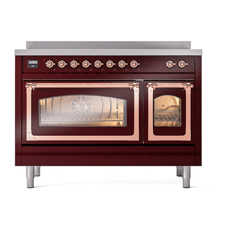 ILVE Nostalgie II Noblesse 48" Induction Freestanding Range in Burgundy with Copper Trim, UNI486NMPBUP