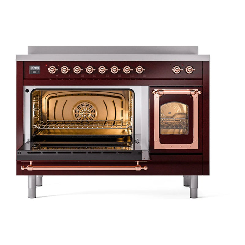 ILVE Nostalgie II Noblesse 48" Induction Freestanding Range in Burgundy with Copper Trim, UNI486NMPBUP