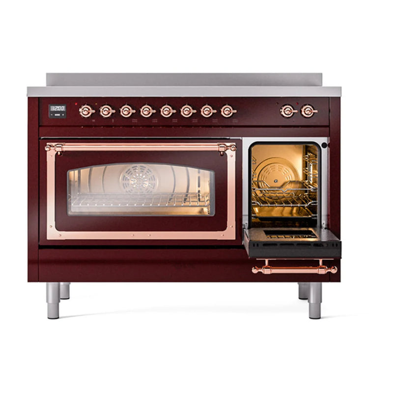 ILVE Nostalgie II Noblesse 48" Induction Freestanding Range in Burgundy with Copper Trim, UNI486NMPBUP