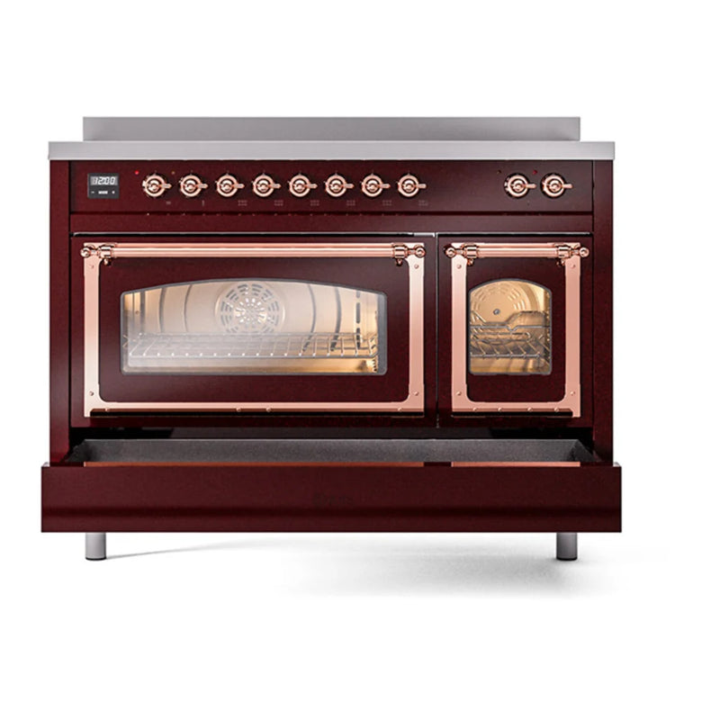 ILVE Nostalgie II Noblesse 48" Induction Freestanding Range in Burgundy with Copper Trim, UNI486NMPBUP