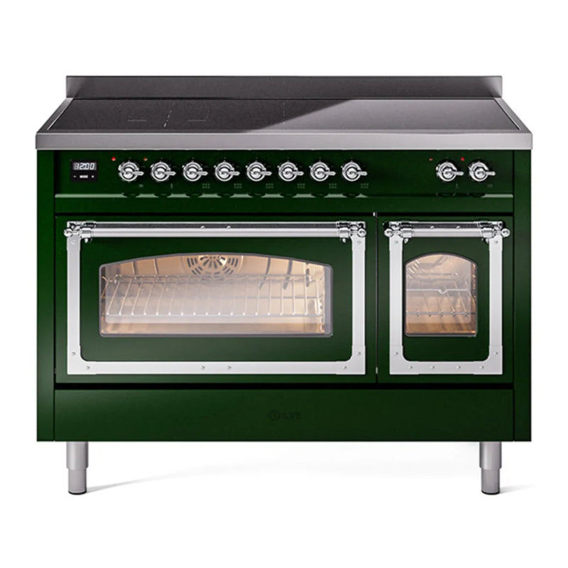 ILVE Nostalgie II Noblesse 48" Induction Freestanding Range in Emerald Green with Chrome Trim, UNI486NMPEGC