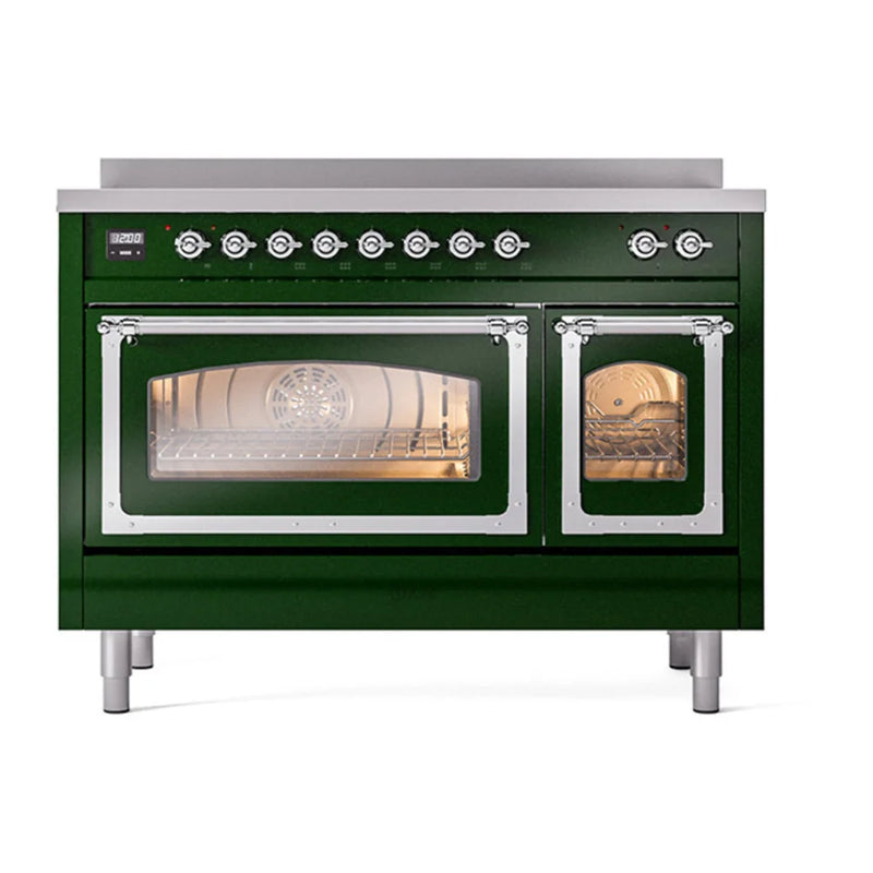 ILVE Nostalgie II Noblesse 48" Induction Freestanding Range in Emerald Green with Chrome Trim, UNI486NMPEGC