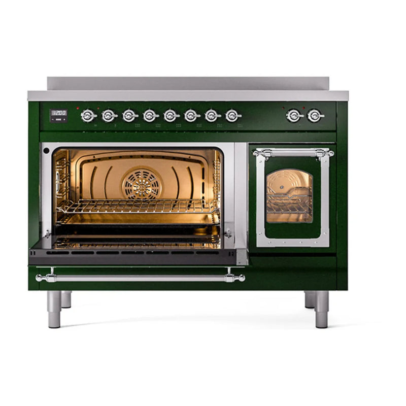 ILVE Nostalgie II Noblesse 48" Induction Freestanding Range in Emerald Green with Chrome Trim, UNI486NMPEGC