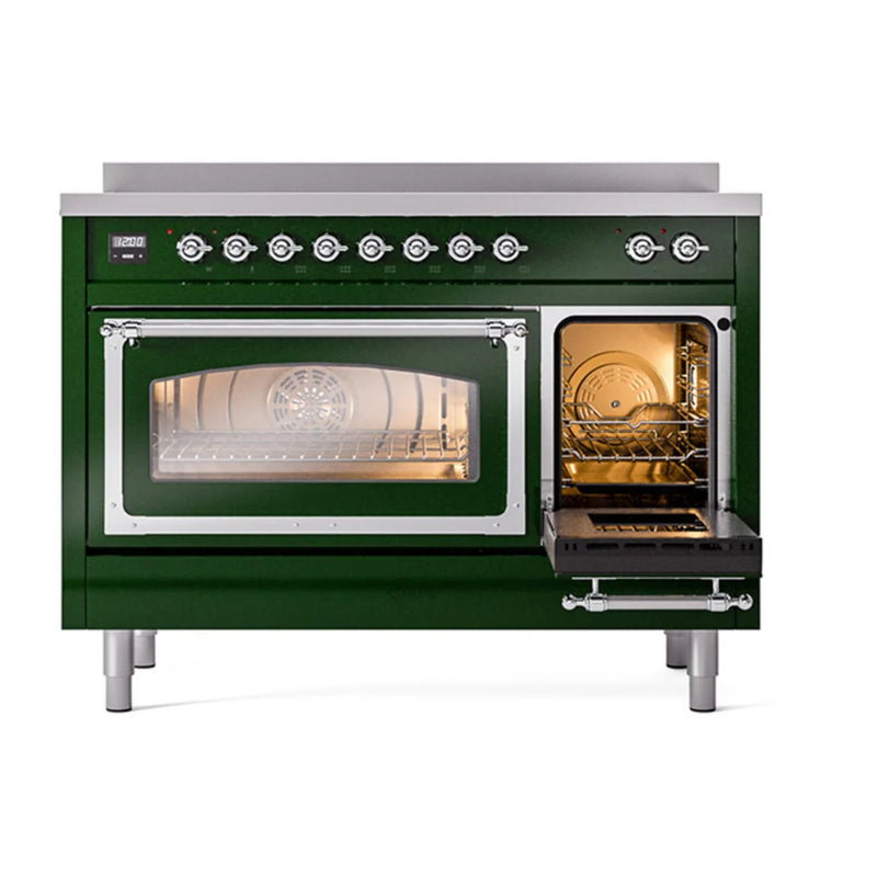 ILVE Nostalgie II Noblesse 48" Induction Freestanding Range in Emerald Green with Chrome Trim, UNI486NMPEGC