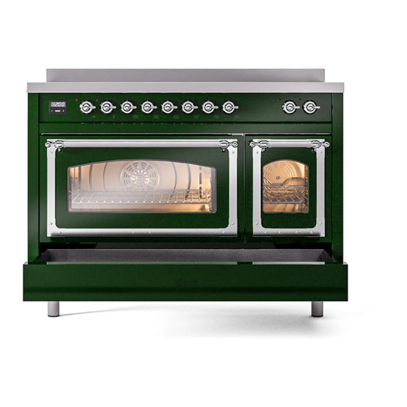 ILVE Nostalgie II Noblesse 48" Induction Freestanding Range in Emerald Green with Chrome Trim, UNI486NMPEGC