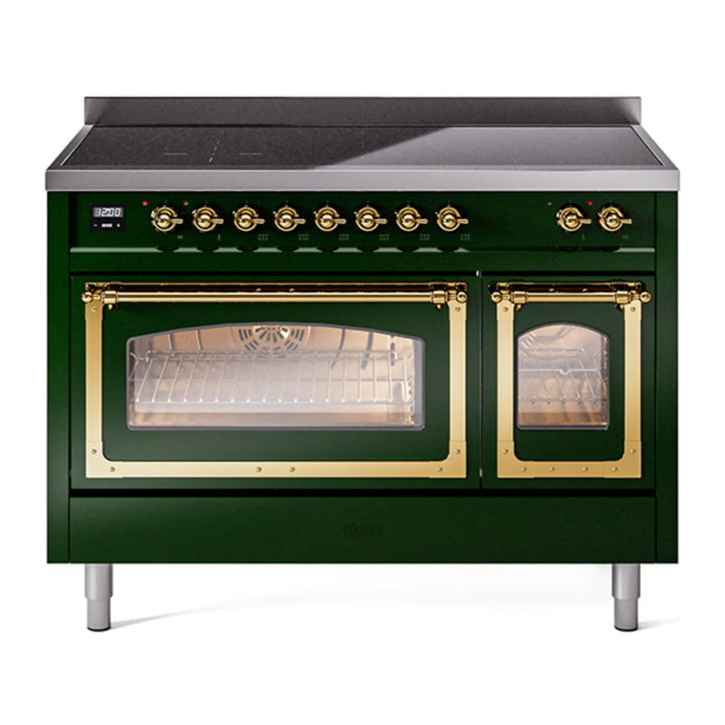 ILVE Nostalgie II Noblesse 48" Induction Freestanding Range in Emerald Green with Brass Trim, UNI486NMPEGG