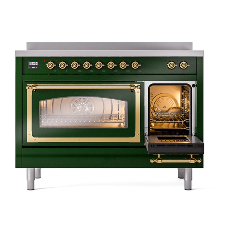 ILVE Nostalgie II Noblesse 48" Induction Freestanding Range in Emerald Green with Brass Trim, UNI486NMPEGG