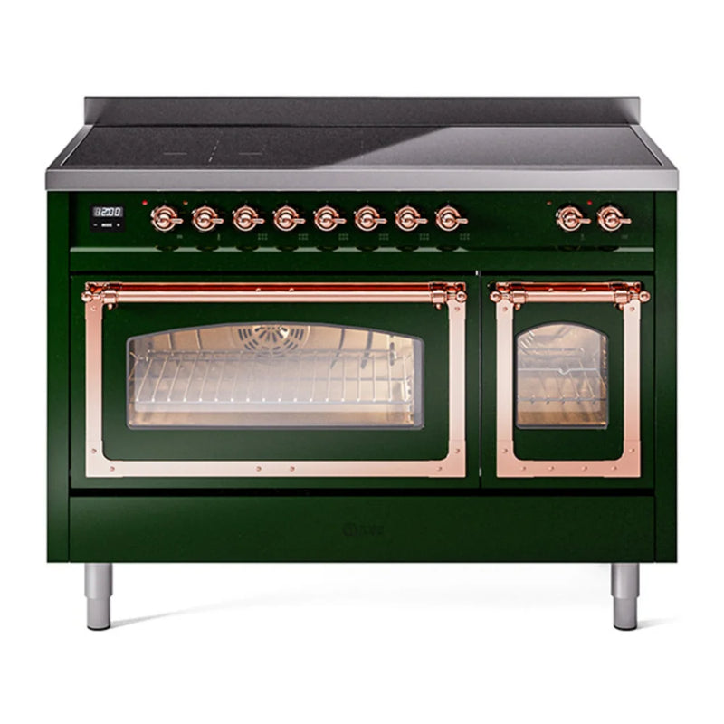 ILVE Nostalgie II Noblesse 48" Induction Freestanding Range in Emerald Green with Copper Trim, UNI486NMPEGP