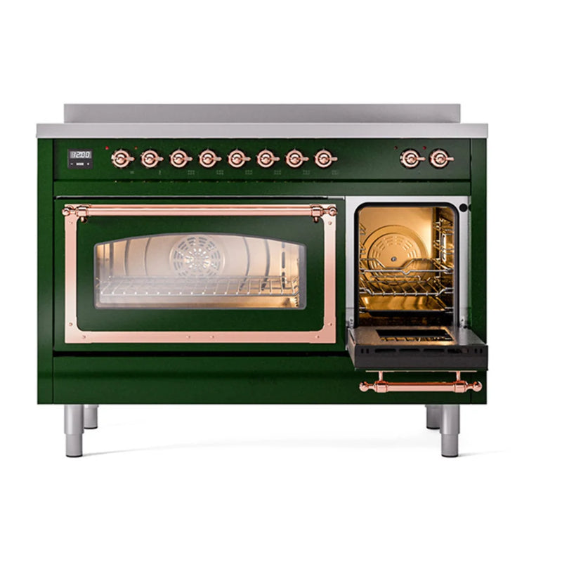ILVE Nostalgie II Noblesse 48" Induction Freestanding Range in Emerald Green with Copper Trim, UNI486NMPEGP