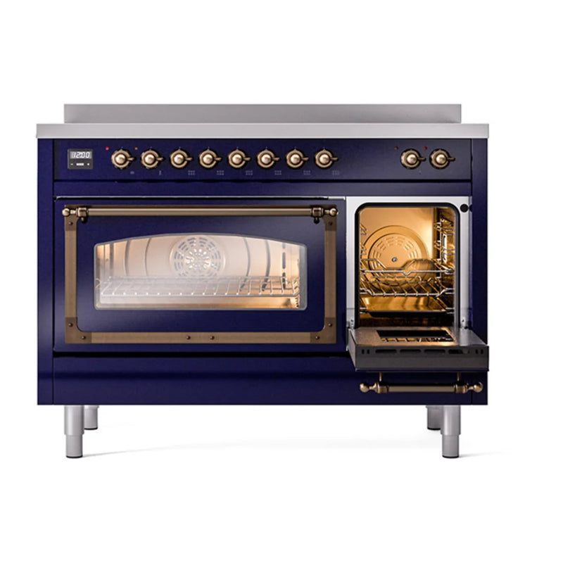 ILVE Nostalgie II Noblesse 48" Induction Freestanding Range in Midnight Blue with Burnished Trim, UNI486NMPMBB