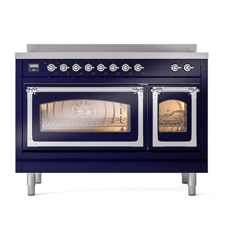 ILVE Nostalgie II Noblesse 48" Induction Freestanding Range in Midnight Blue with Chrome Trim, UNI486NMPMBC