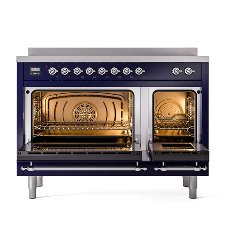 ILVE Nostalgie II Noblesse 48" Induction Freestanding Range in Midnight Blue with Chrome Trim, UNI486NMPMBC