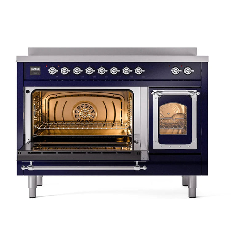 ILVE Nostalgie II Noblesse 48" Induction Freestanding Range in Midnight Blue with Chrome Trim, UNI486NMPMBC