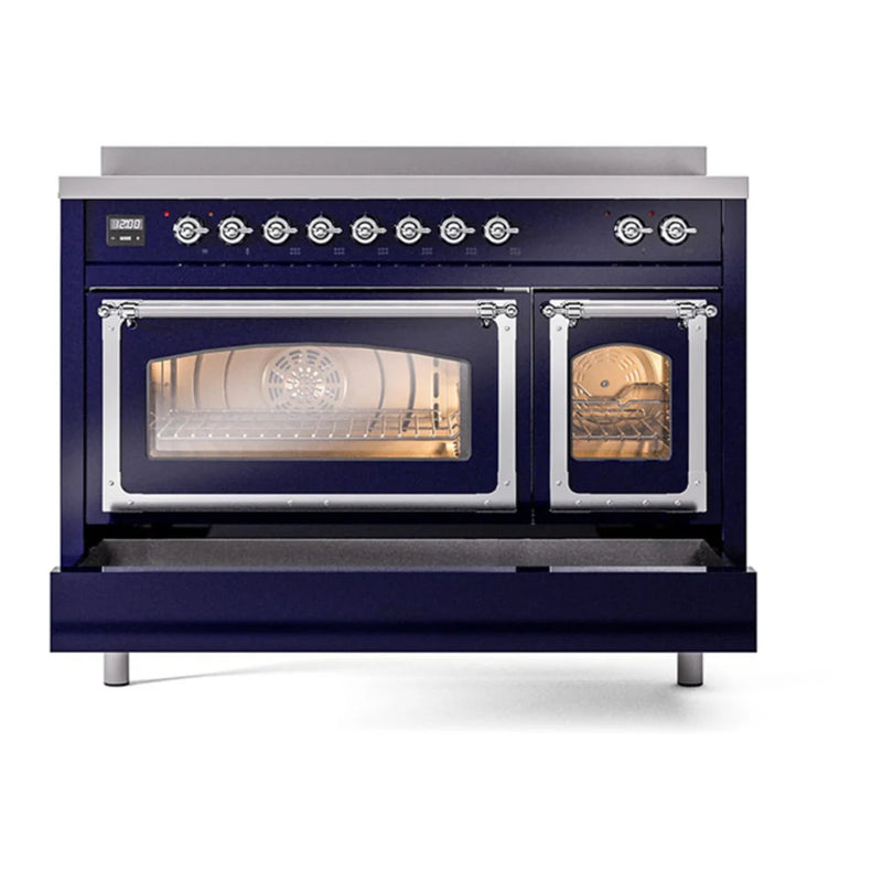 ILVE Nostalgie II Noblesse 48" Induction Freestanding Range in Midnight Blue with Chrome Trim, UNI486NMPMBC