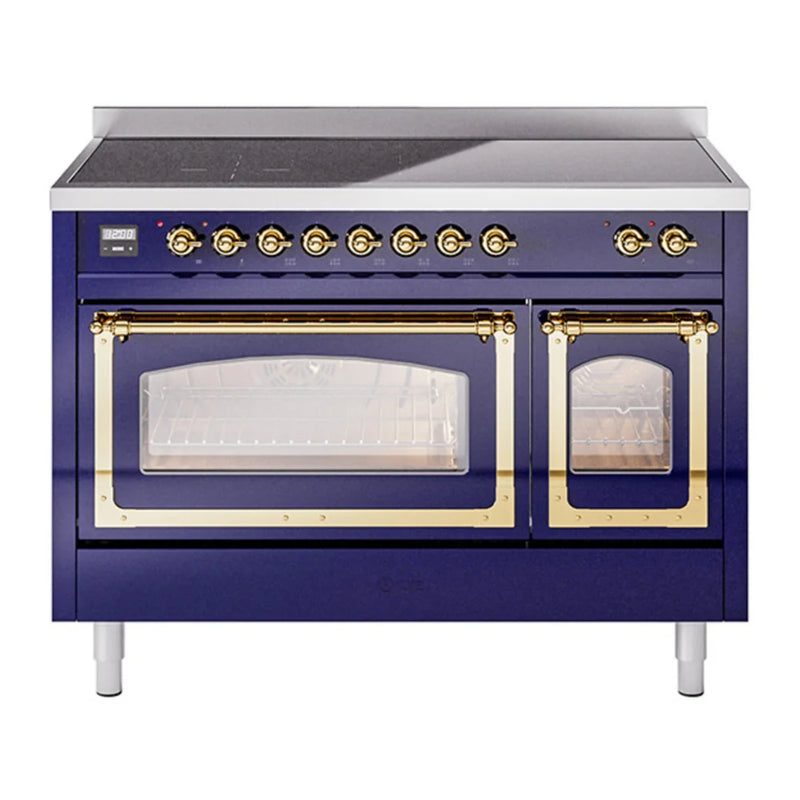 ILVE Nostalgie II Noblesse 48" Induction Freestanding Range in Midnight Blue with Brass Trim, UNI486NMPMBG
