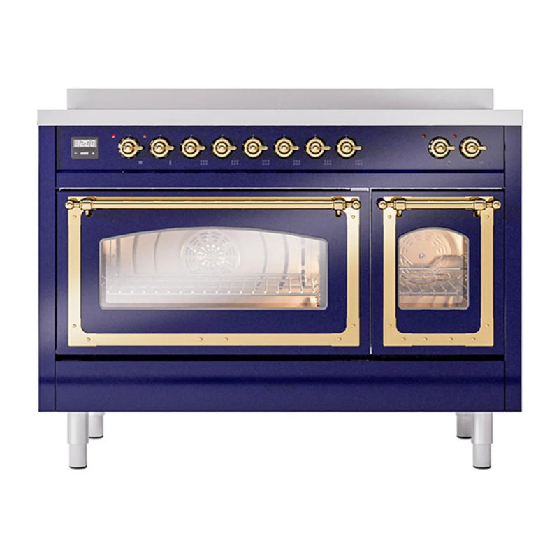 ILVE Nostalgie II Noblesse 48" Induction Freestanding Range in Midnight Blue with Brass Trim, UNI486NMPMBG