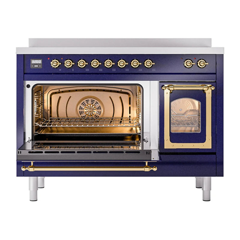 ILVE Nostalgie II Noblesse 48" Induction Freestanding Range in Midnight Blue with Brass Trim, UNI486NMPMBG