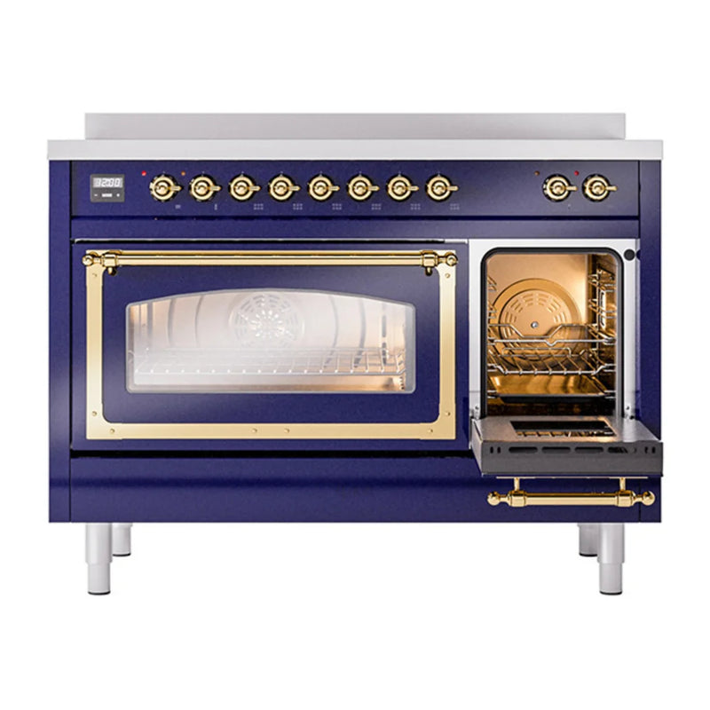 ILVE Nostalgie II Noblesse 48" Induction Freestanding Range in Midnight Blue with Brass Trim, UNI486NMPMBG