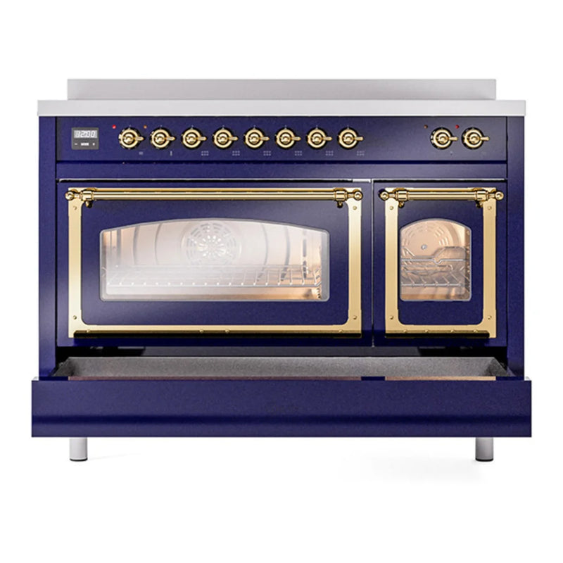 ILVE Nostalgie II Noblesse 48" Induction Freestanding Range in Midnight Blue with Brass Trim, UNI486NMPMBG