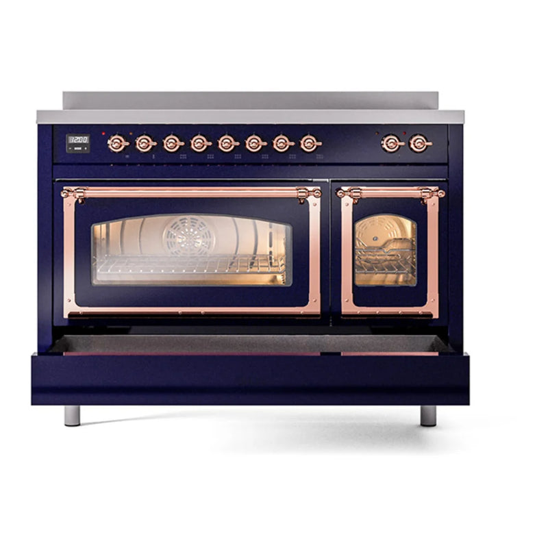ILVE Nostalgie II Noblesse 48" Induction Freestanding Range in Midnight Blue with Copper Trim, UNI486NMPMBP