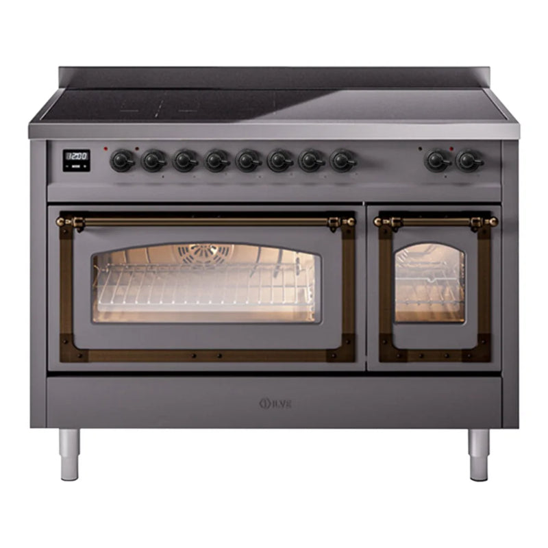 ILVE Nostalgie II Noblesse 48" Induction Freestanding Range in Graphite Matte with Burnished Trim, UNI486NMPMGB