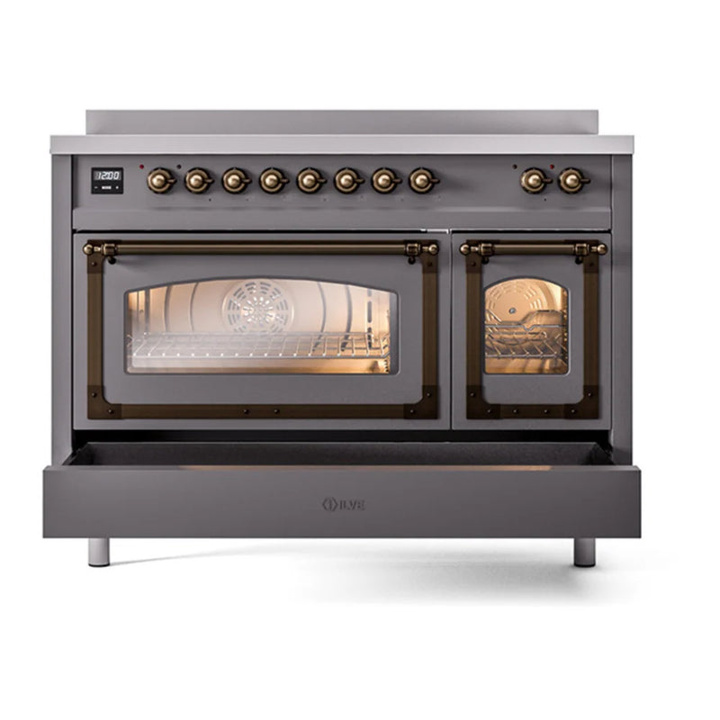 ILVE Nostalgie II Noblesse 48" Induction Freestanding Range in Graphite Matte with Burnished Trim, UNI486NMPMGB