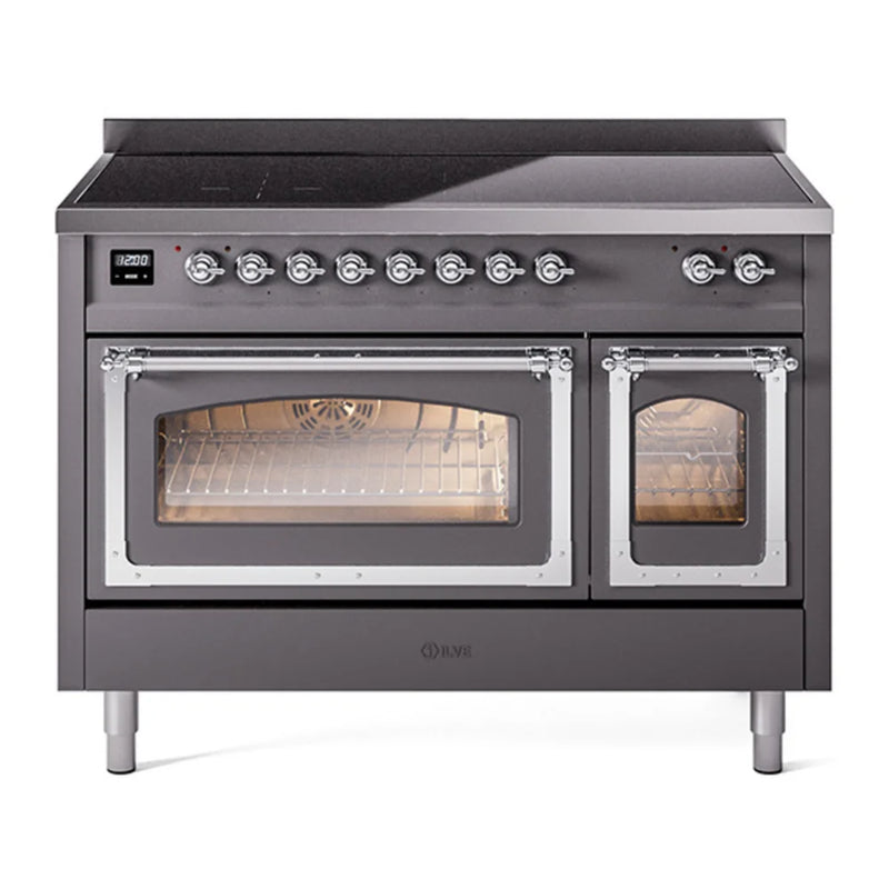 ILVE Nostalgie II Noblesse 48" Induction Freestanding Range in Graphite Matte with Chrome Trim, UNI486NMPMGC