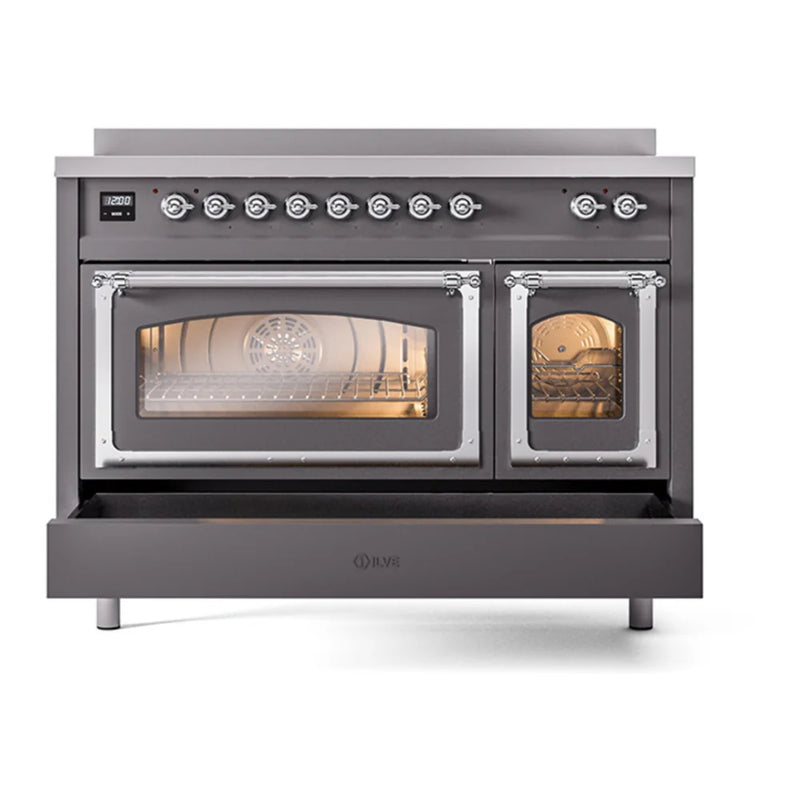 ILVE Nostalgie II Noblesse 48" Induction Freestanding Range in Graphite Matte with Chrome Trim, UNI486NMPMGC