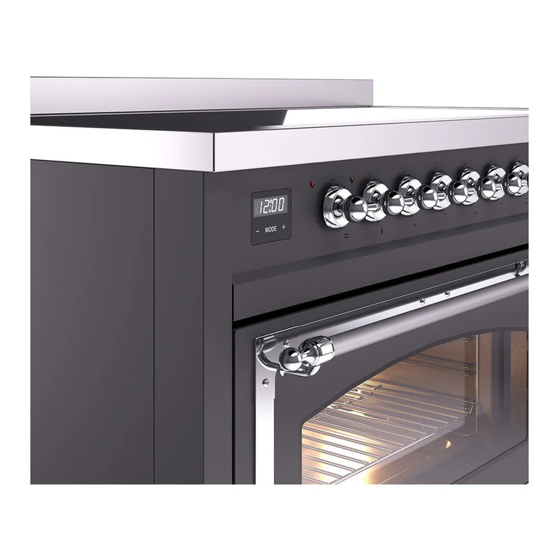 ILVE Nostalgie II Noblesse 48" Induction Freestanding Range in Graphite Matte with Chrome Trim, UNI486NMPMGC